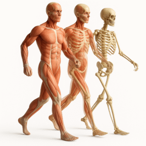 Anatomical illustration of a male figure in a walking pose showing progressive layers from skeleton to muscular system, representing movement analysis in Bodywork, Massage & Fascia Release.