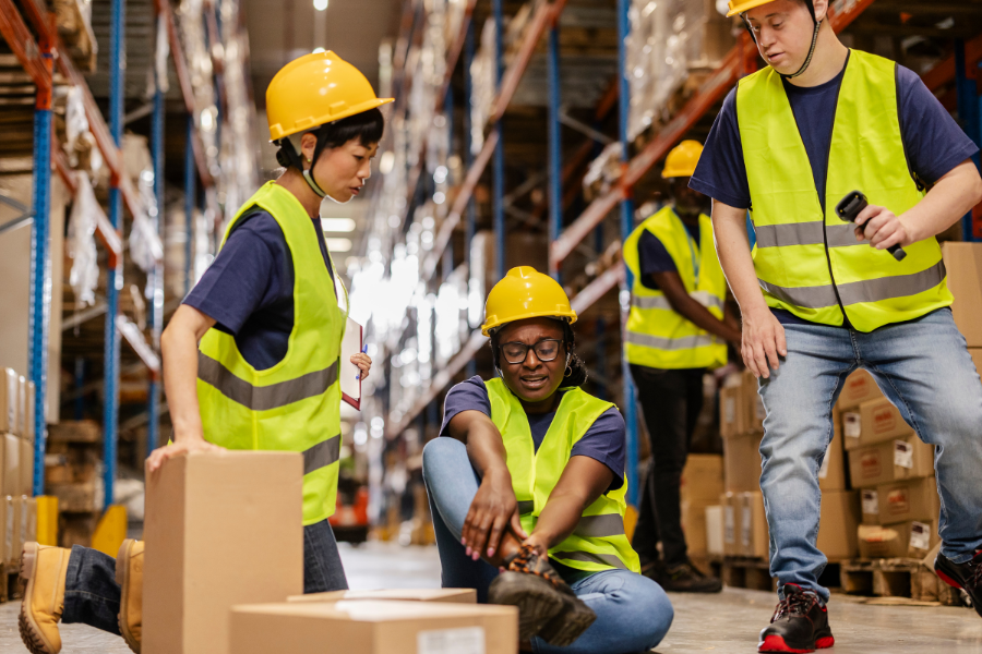 Warehouse worker with ankle injury during workplace incident