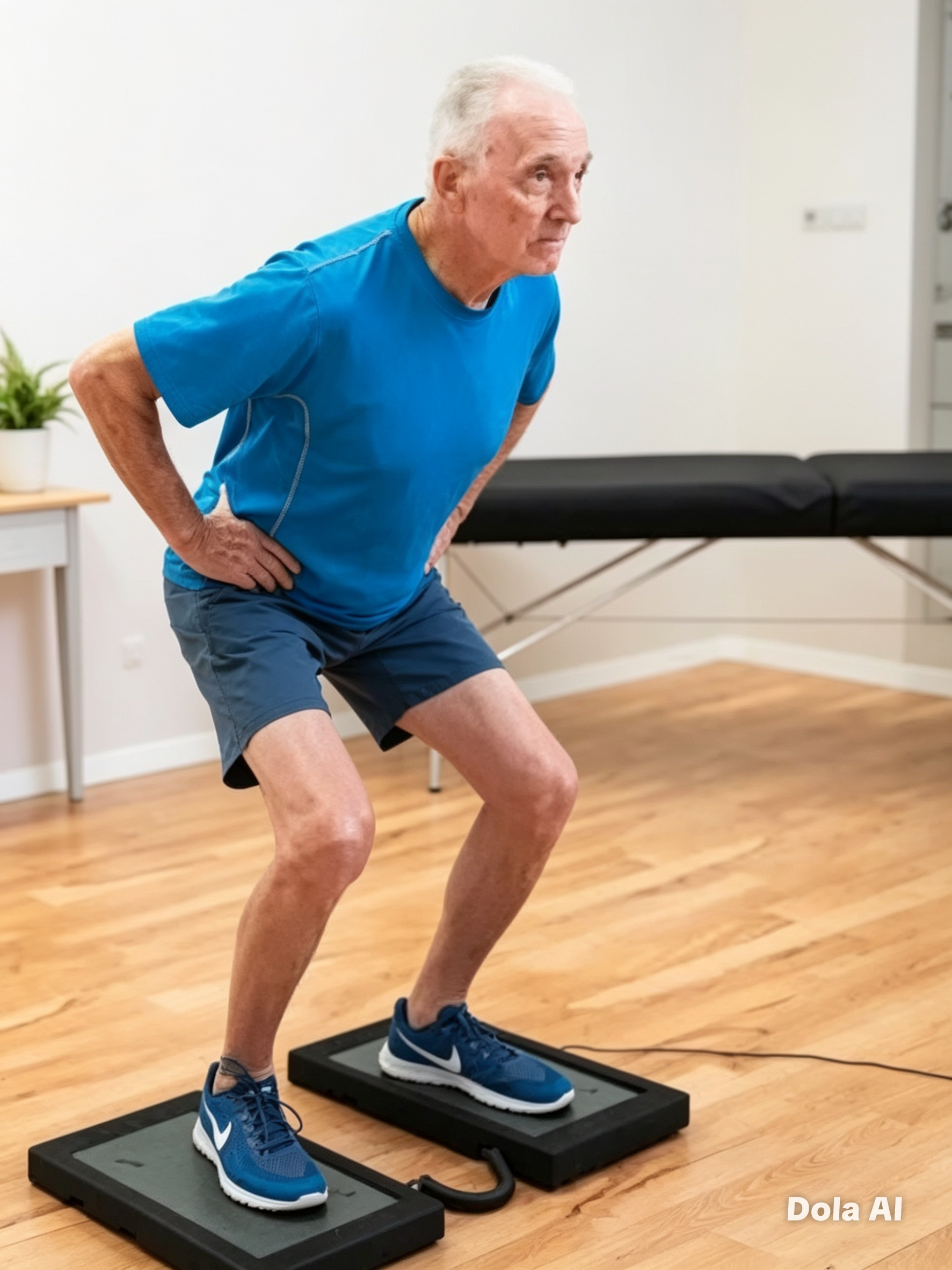 Older adult performing balance testing on VALD ForceDecks at Tweak Health Physio