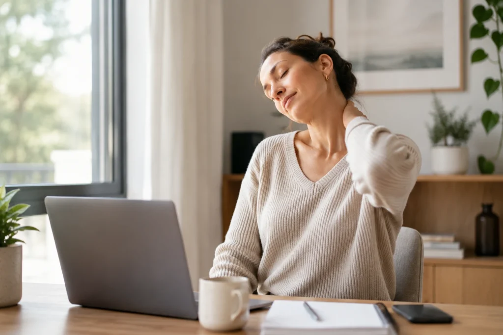 Woman gently moving her neck while working at a laptop
