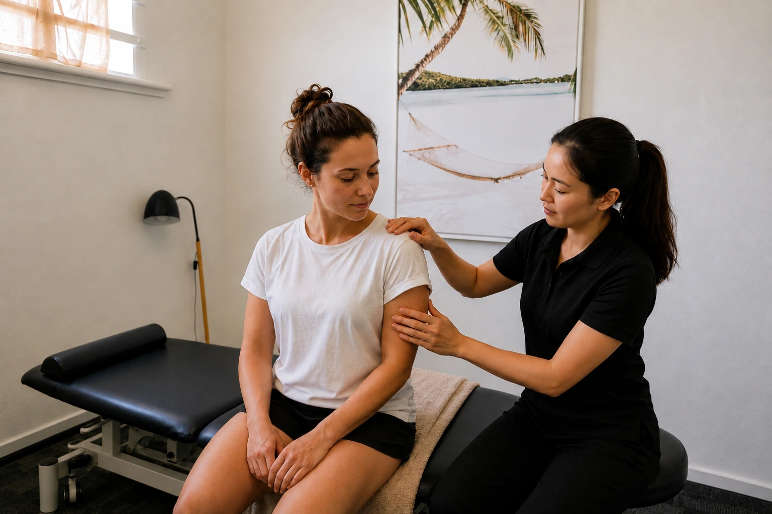 Physiotherapist assessing a patient's shoulder at Tweak Health Mount Pleasant